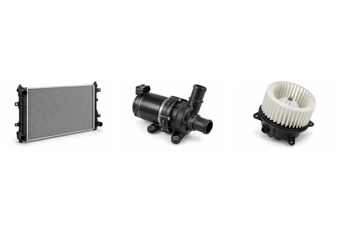 motor cooling radiator, electric coolant pump, blower motor — component illustrations for Seal parts identification