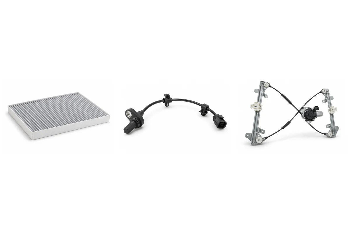 cabin air filter, ABS wheel speed sensor, window regulator assembly-type comparison