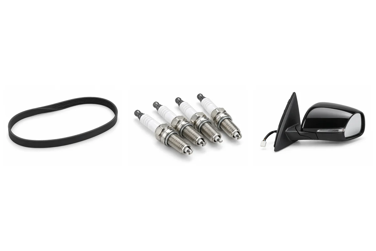 accessory drive belt, spark plugs, side mirror assembly-type comparison