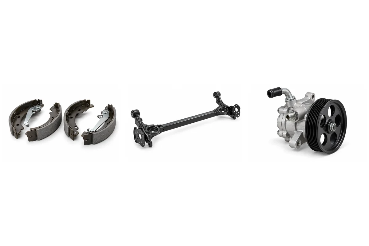 brake shoes, rear axle / torsion beam, power steering pump assembly-type comparison