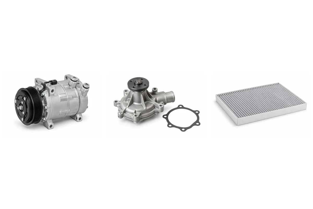 A/C compressor, water pump, cabin air filter assembly-type comparison