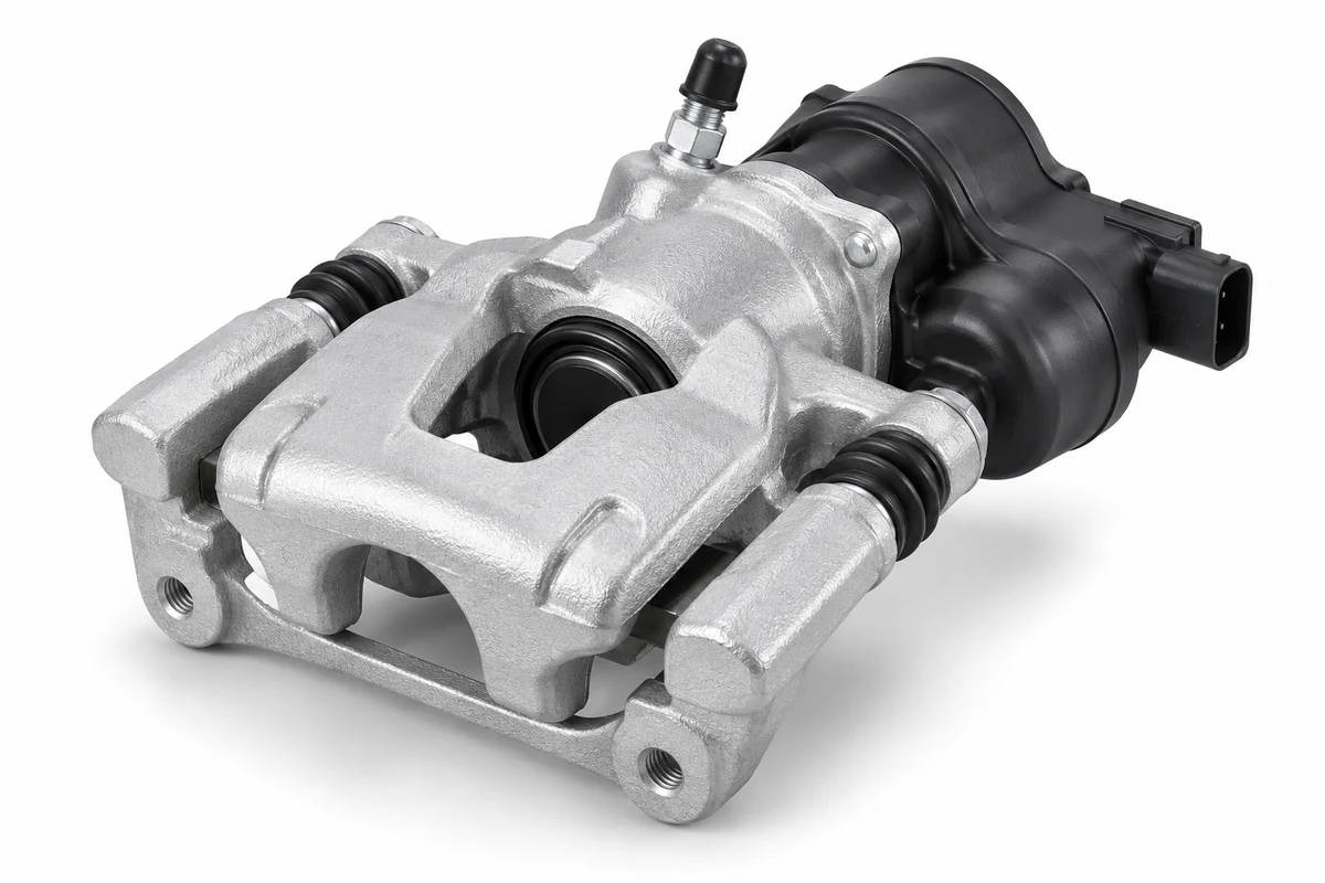 Disc-brake caliper with an EPB-type motor; exact axle and parking mechanism remain separate: brake caliper