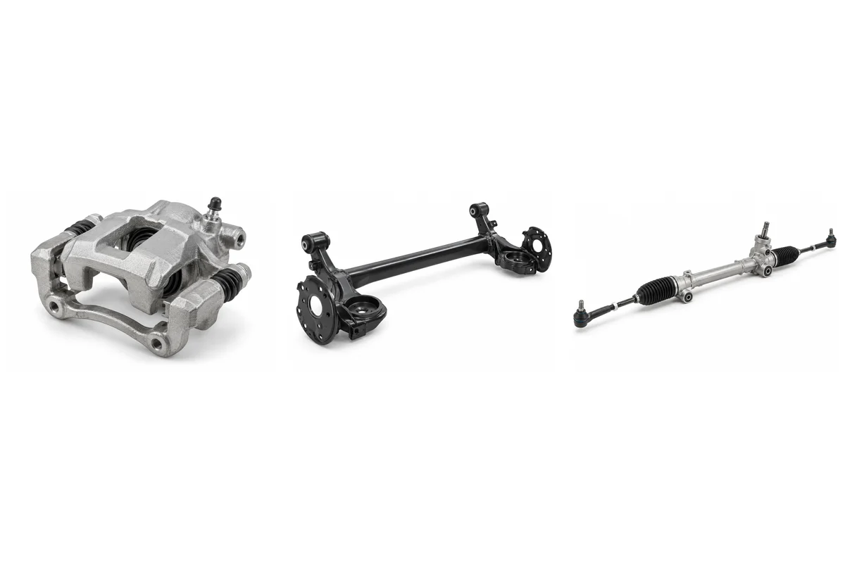 brake caliper, rear axle / torsion beam, steering rack assembly comparison