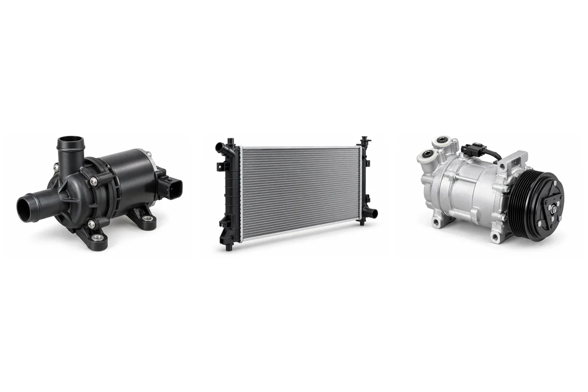 water pump, radiator, A/C compressor assembly comparison