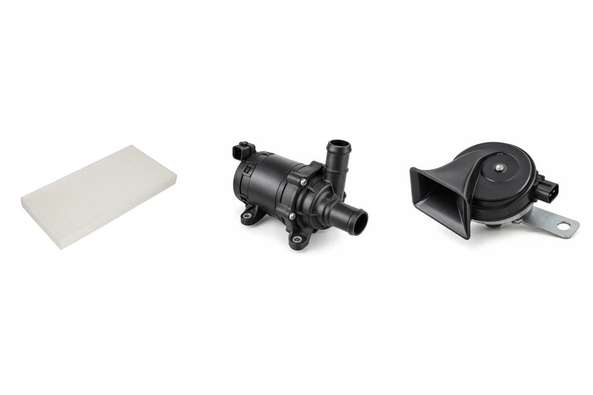 cabin air filter, water pump, horn assembly assembly comparison