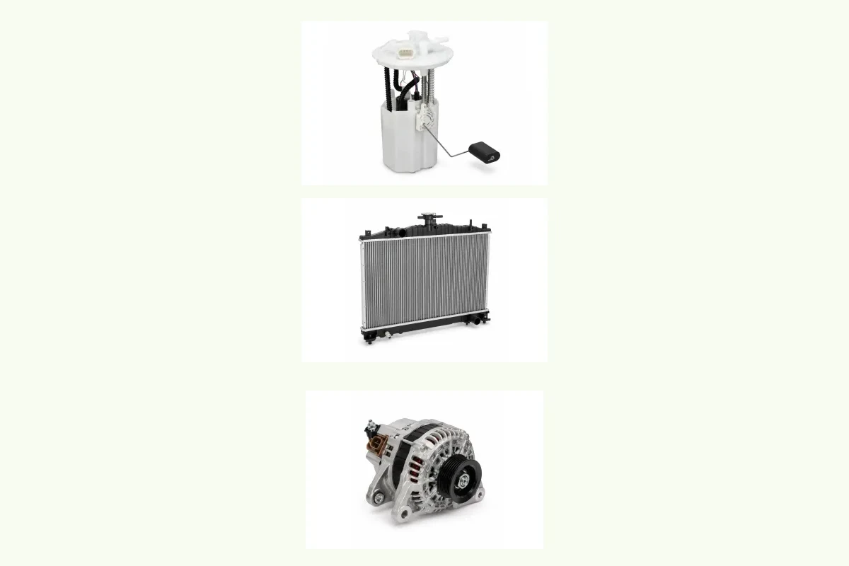 Representative Nissan Sunny components for fuel, cooling, electrical and a/c